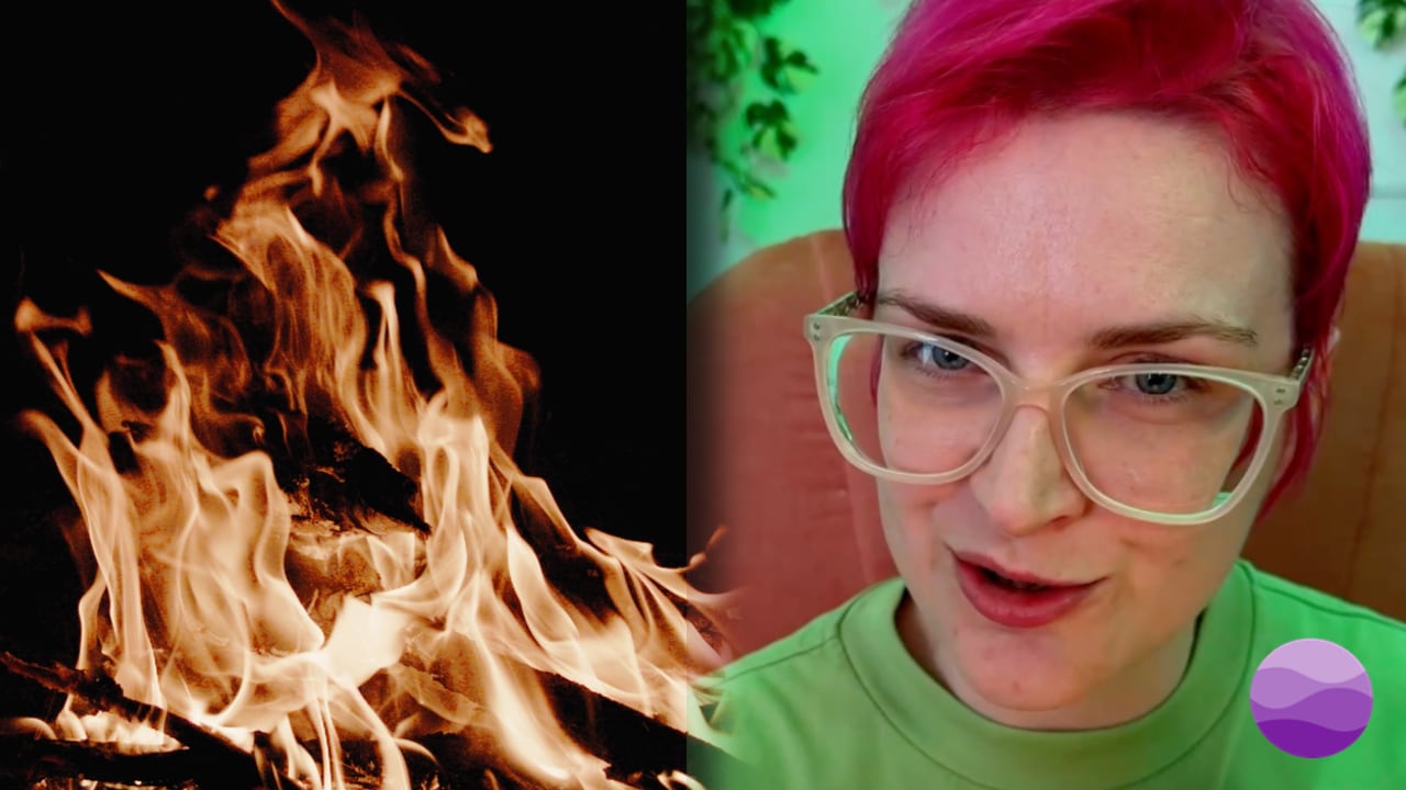 Video thumbnail showing a campfire and the storyteller Alja